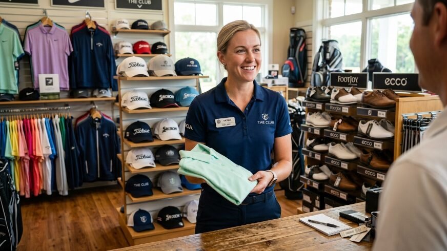 A professional female staff member in a golf store holding a folded light green shirt for a customer.