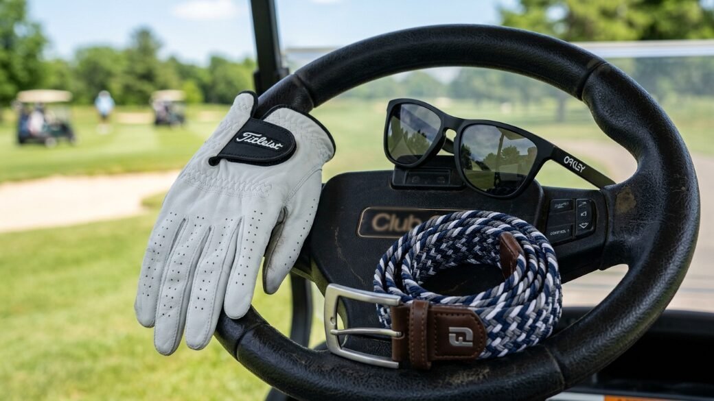 White Titleist golf glove, black Oakley sunglasses, and woven belt sitting on a black golf cart steering wheel.