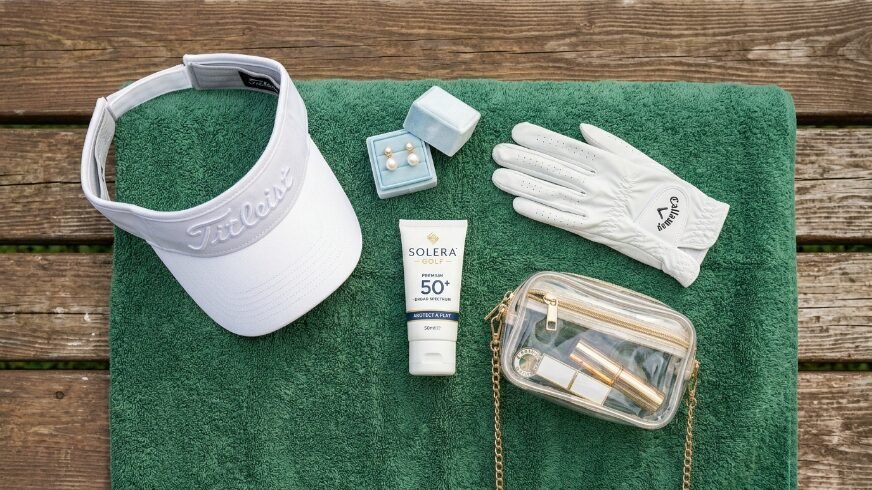 White Titleist visor, Callaway glove, Solera sunscreen, pearl earrings, and a small clear purse on a green towel.