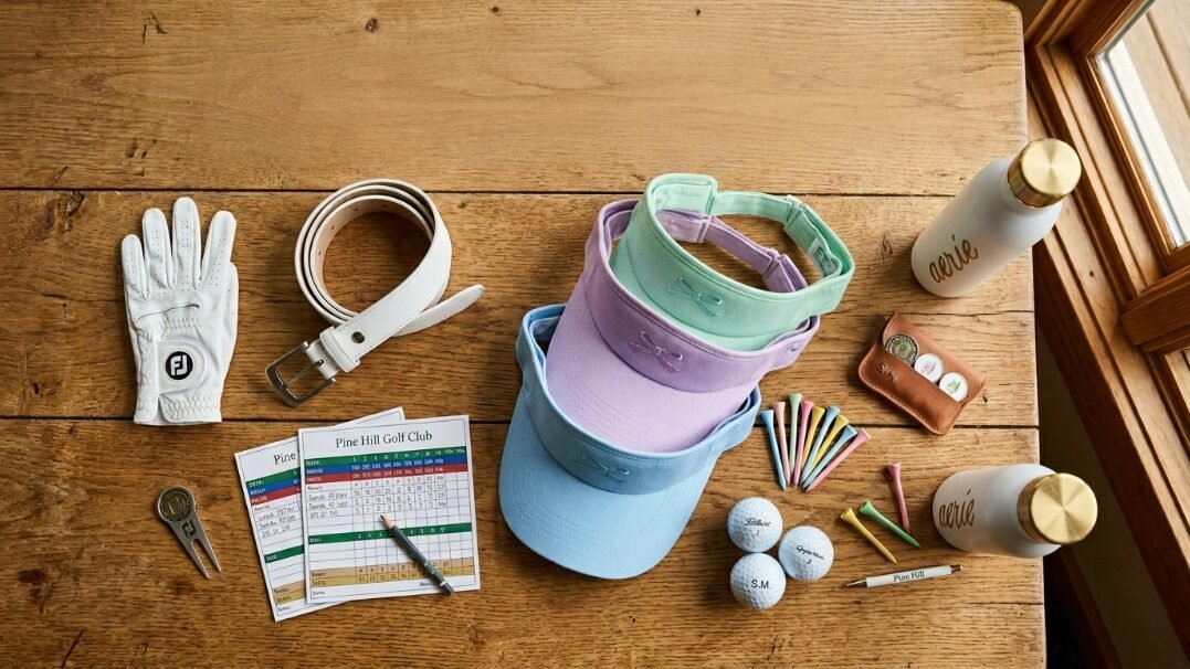 A white golf glove, pastel visors, scorecards, tees, and water bottles arranged on a wooden surface.