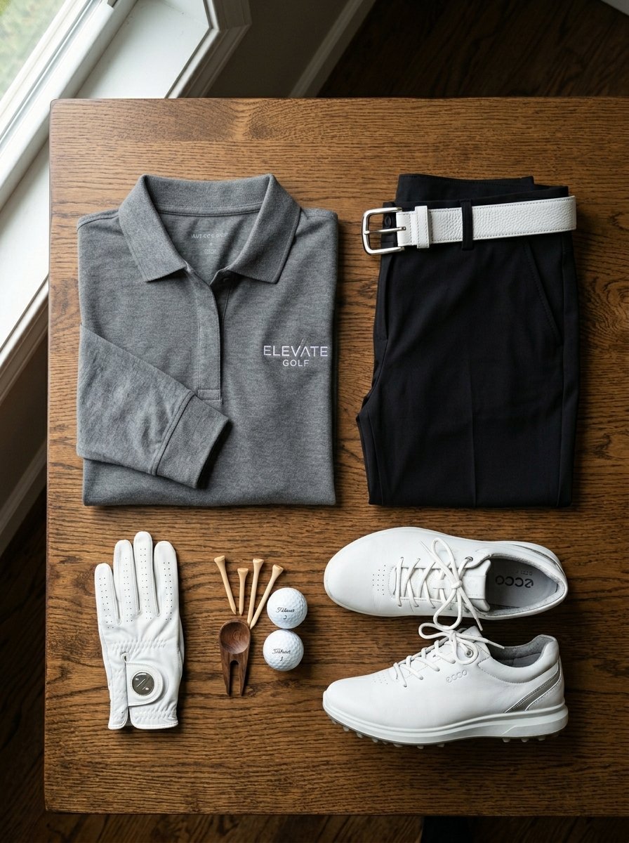 Grey polo shirt, black trousers with white belt, golf glove, balls, and white ecco golf shoes laid out on wood surface.