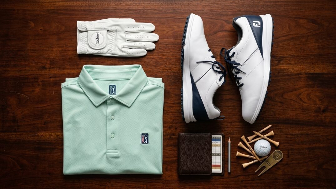 Top-down view of mint polo shirt, FootJoy shoes, white glove, scorecard, and wooden golf tees on a dark wood table.