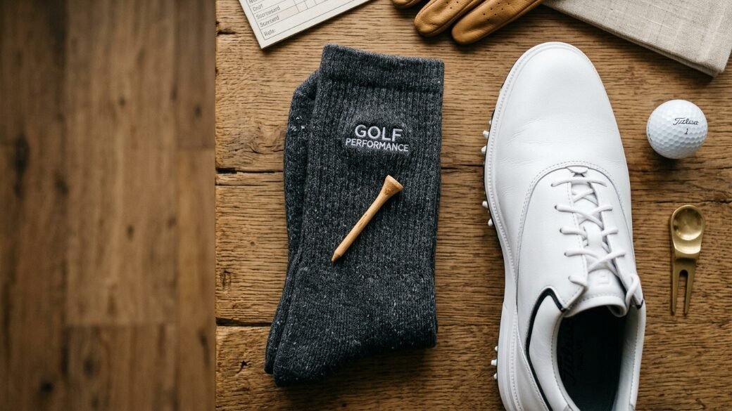 Grey socks, white golf shoe, ball, and wooden tee arranged on a rustic wooden table.