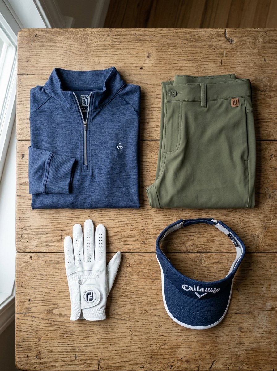 A navy quarter-zip, olive trousers, a white golf glove, and a Callaway visor arranged on a wooden table.