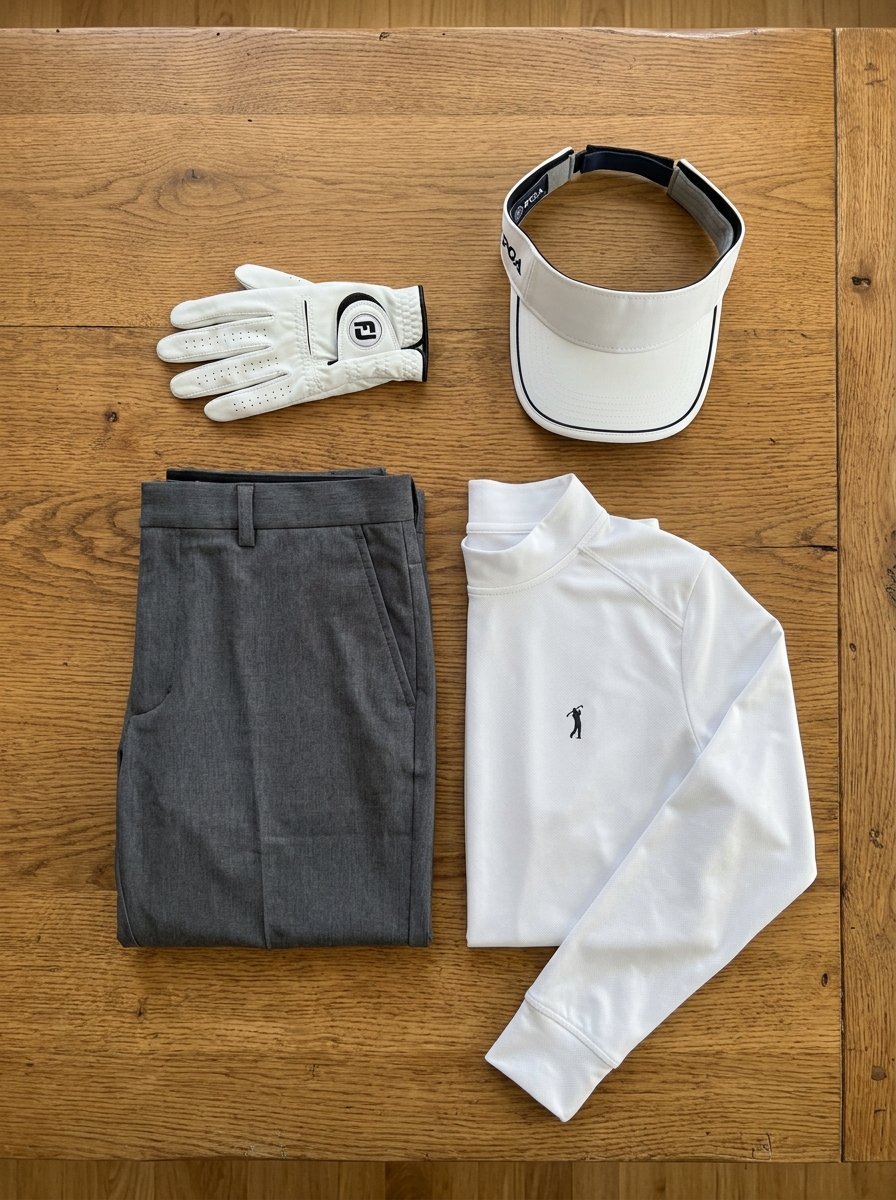 A white long-sleeve golf shirt, grey slacks, a white visor, and a FootJoy glove arranged on a wooden table.