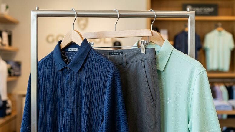 Close-up of a metal clothing rack holding a navy blue polo, grey trousers, and a light green golf shirt.