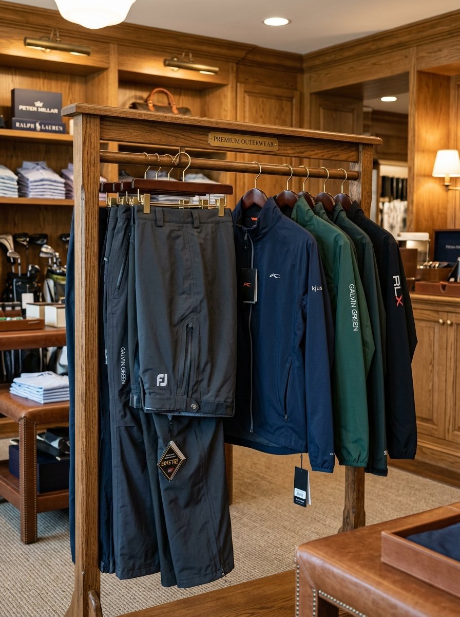 Retail display rack holding various brands of professional golf outerwear in a wood-paneled shop.