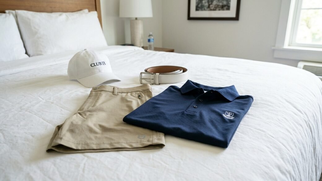 White hat, beige shorts, white belt, and navy blue polo shirt arranged on white hotel bedding.