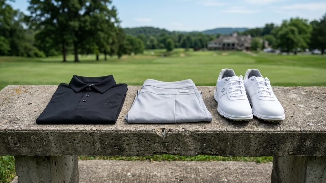 A flat lay of a black collared shirt, grey golf skirt, and white athletic footwear displayed on a concrete bench.