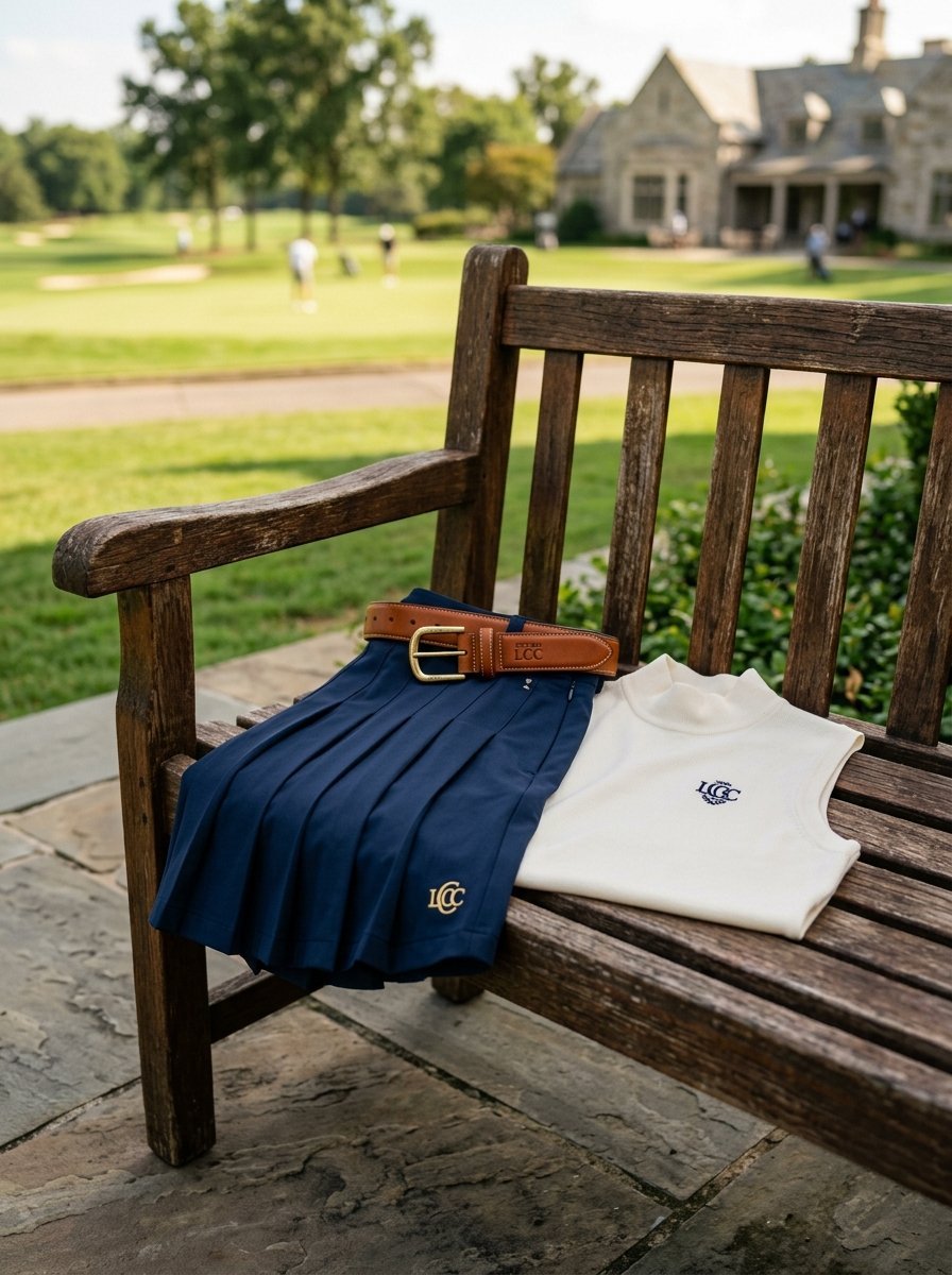 Navy pleated skirt with leather belt and cream sleeveless shirt laid on a wooden outdoor bench at a golf course.