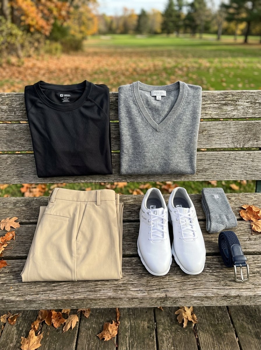 Folded sweaters, khaki trousers, white golf shoes, socks, and a belt laid out on a rustic park bench.