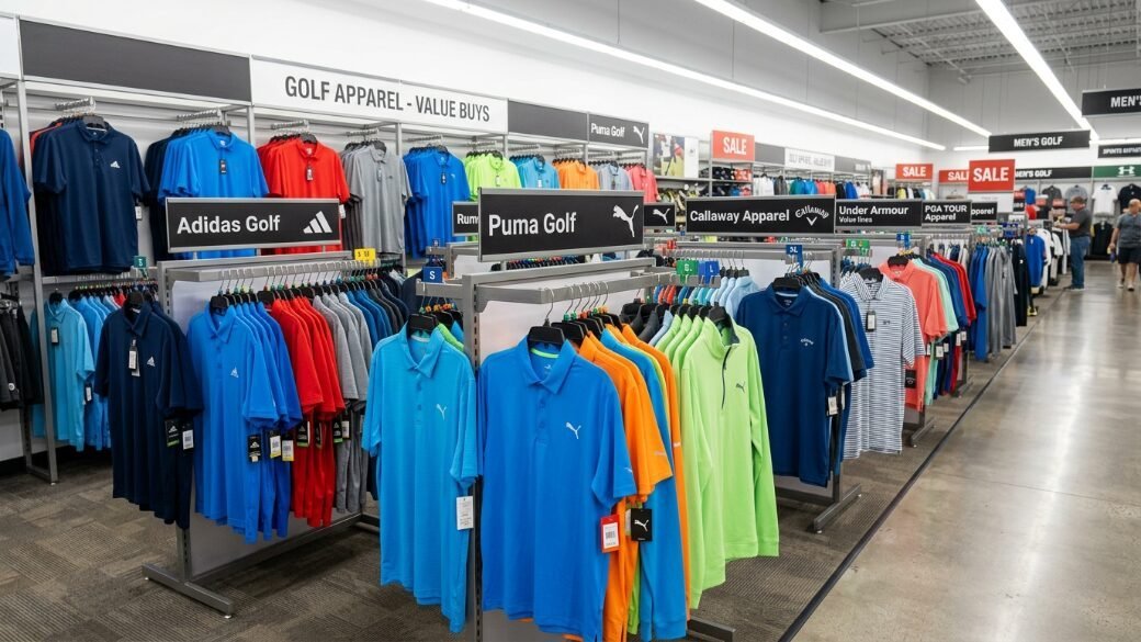Rows of hanging branded golf polo shirts organized by label inside a large sports equipment retailer.