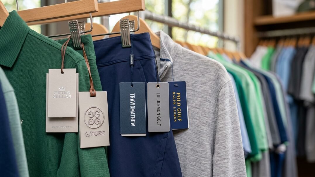 Close up of various golf clothing brands hanging on a rack with brand tags visible.