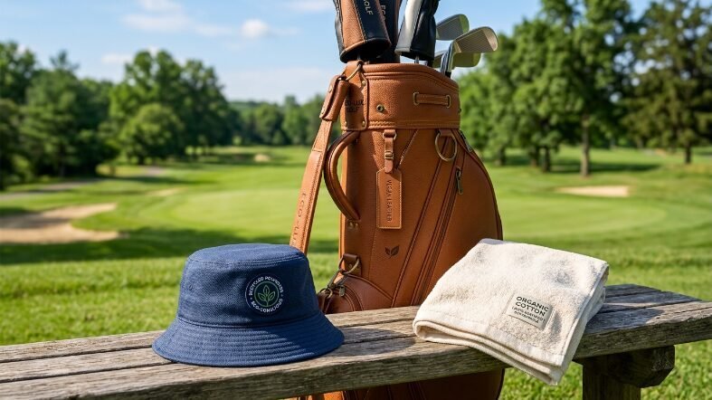 A vegan leather golf bag, blue bucket hat, and white towel on a rustic wooden bench with a green fairway background.