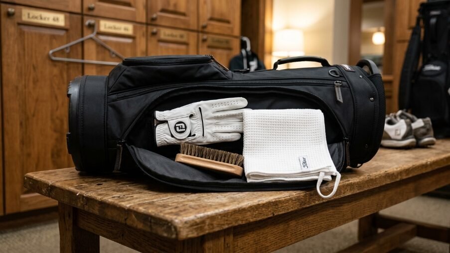 Close up of a black golf bag on a wooden bench with a white glove, waffle towel, and wood-handled brush inside.