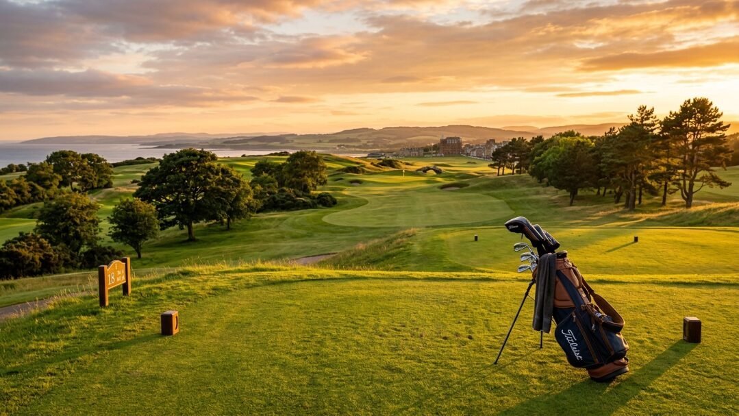A golf bag with clubs standing on the tee box of a lush coastal golf course during a golden hour sunset.