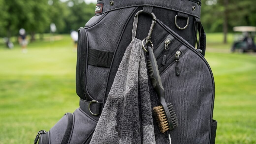 Close-up of a dark golf bag featuring a grey towel and wire cleaning brush attached with a carabiner.