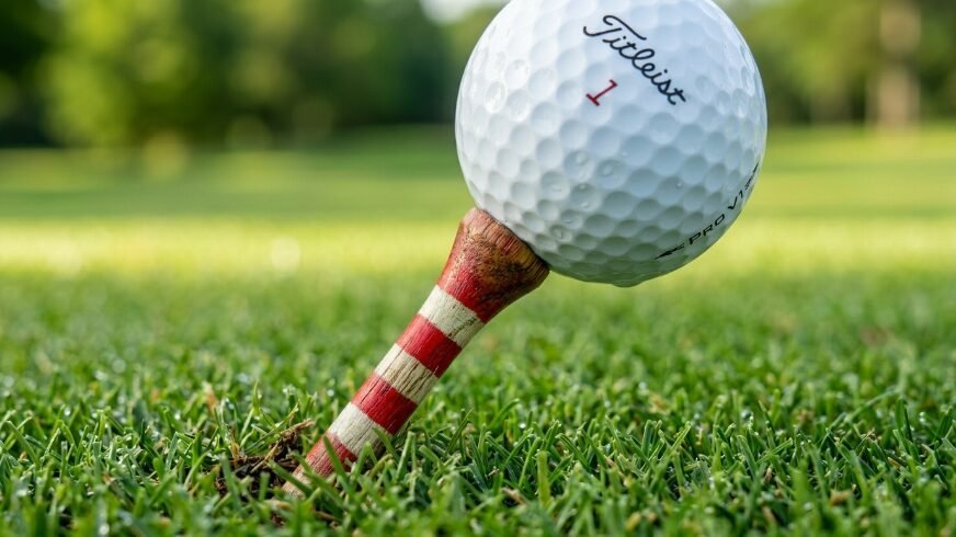 A white Titleist golf ball resting on a wooden striped tee embedded in green grass.