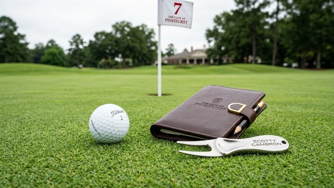 A golf ball, leather scorecard holder, and Scotty Cameron tool on the grass with a flag in the background.