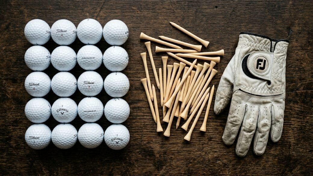 A flat lay of twenty golf balls, a pile of wooden tees, and a FootJoy golf glove on a dark wood surface.