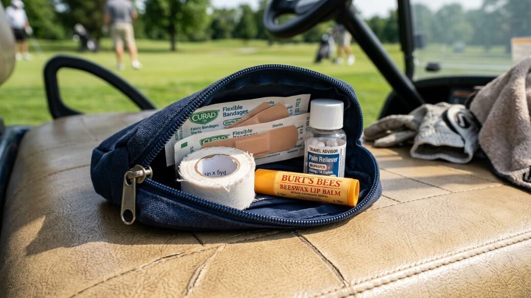 A navy blue pouch filled with bandages, pain relief pills, and Burt's Bees lip balm resting on a golf cart seat.