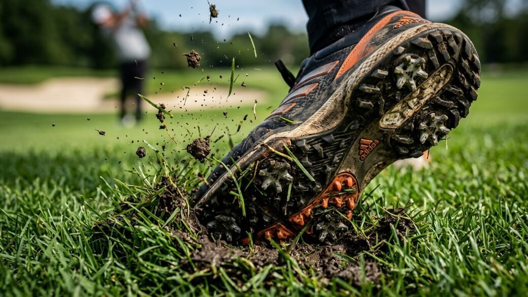Close up of a spiked golf shoe kicking up dirt and grass blades on a sunny course.
