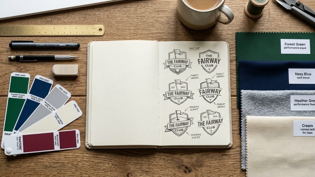 An open sketchbook on a desk surrounded by color swatches, pens, and fabric samples showing logo draft sketches.