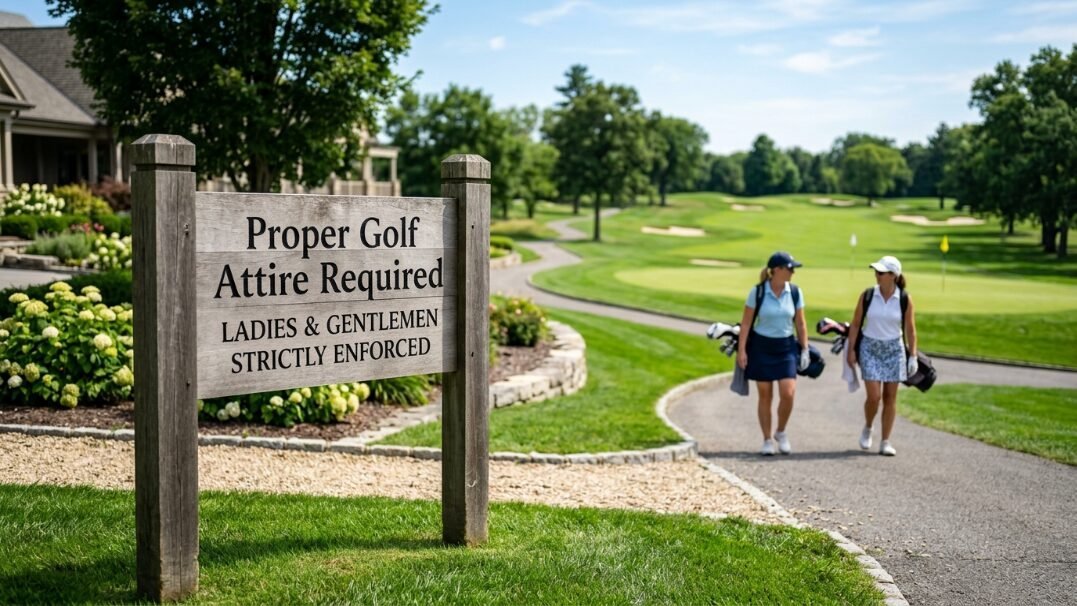 Wooden sign stating proper golf attire required with two female golfers walking on a paved path in the background.