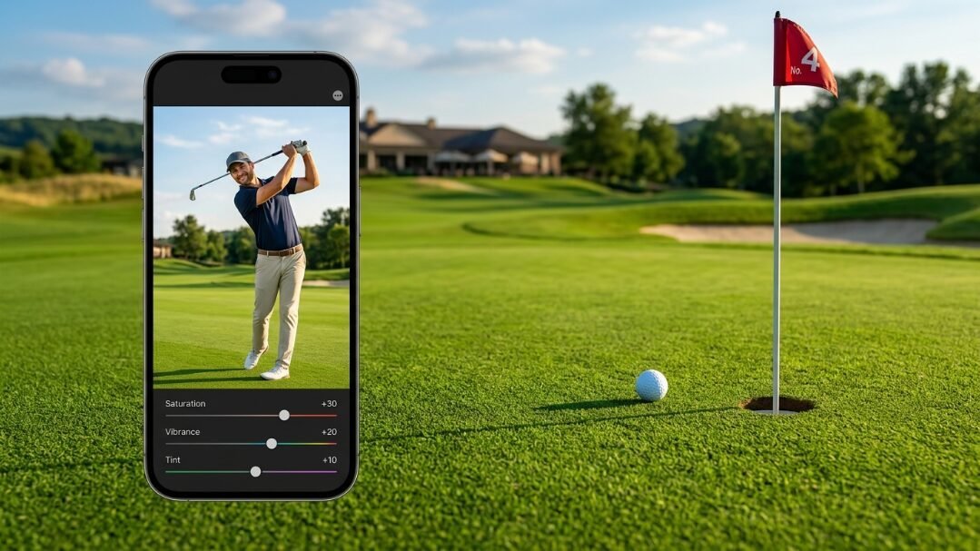 A phone screen showing a golfer photo with sliders over a real golf course green with a ball near the flag.