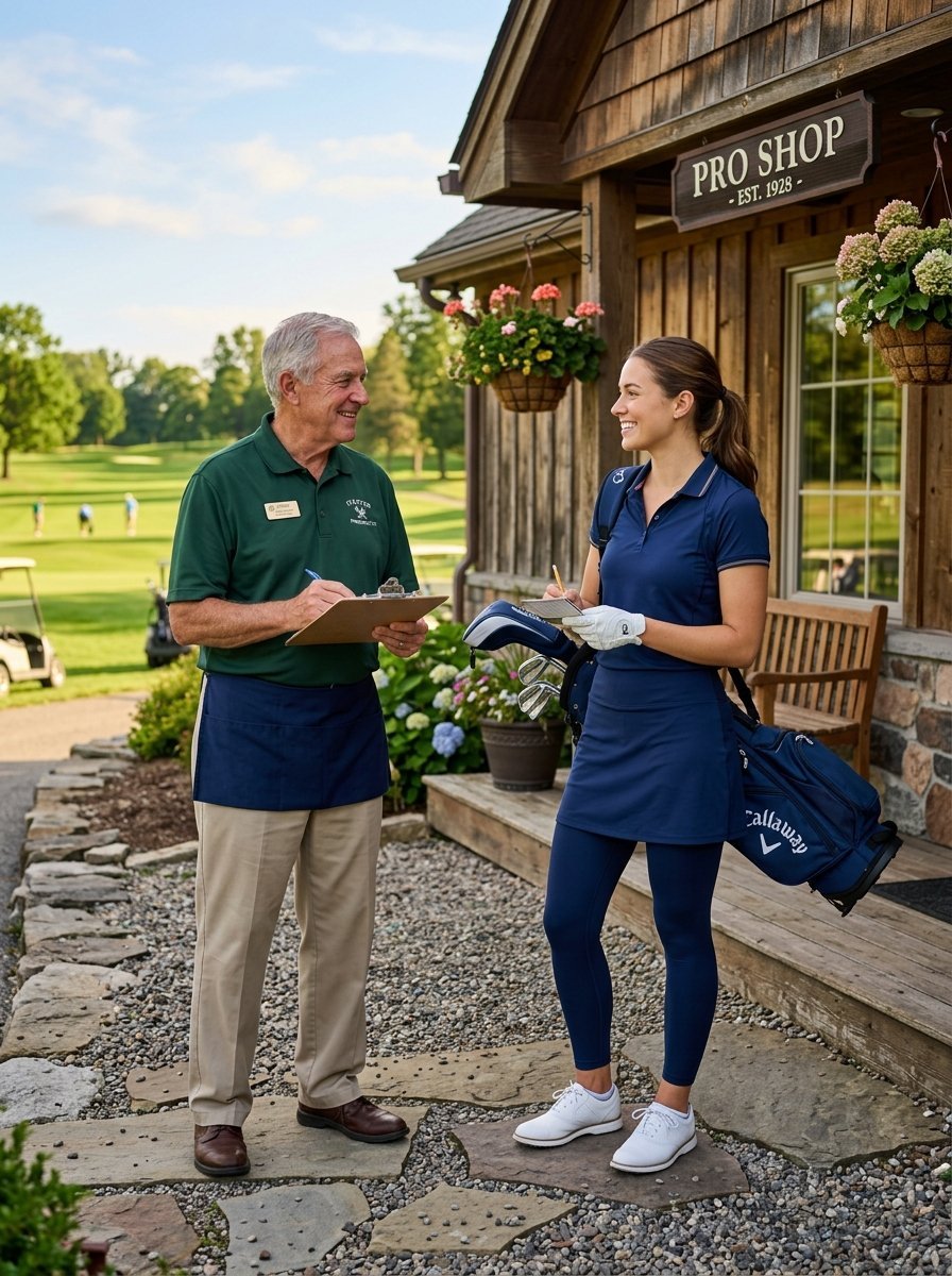 An older man in a green shirt talks to a female golfer wearing a navy blue outfit outside a golf pro shop.