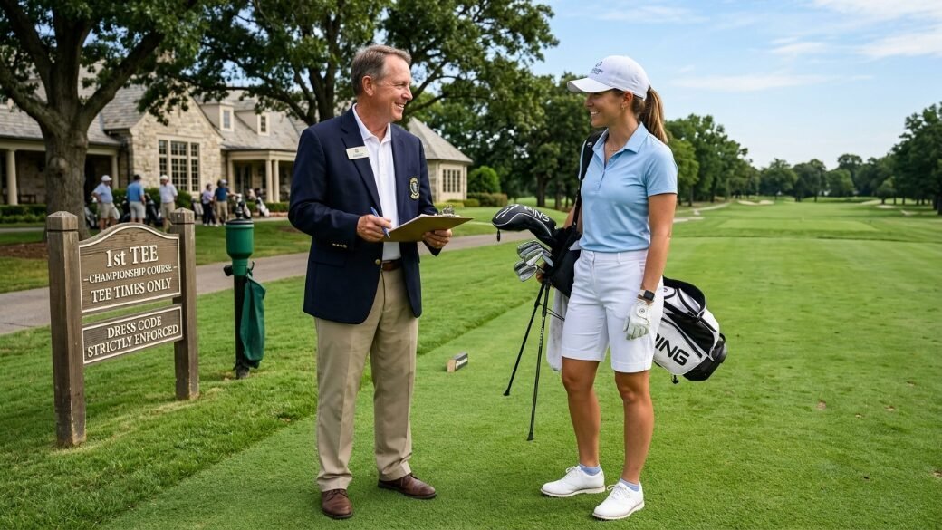 A man in a blazer holds a clipboard while speaking to a woman carrying a golf bag at a country club first tee.