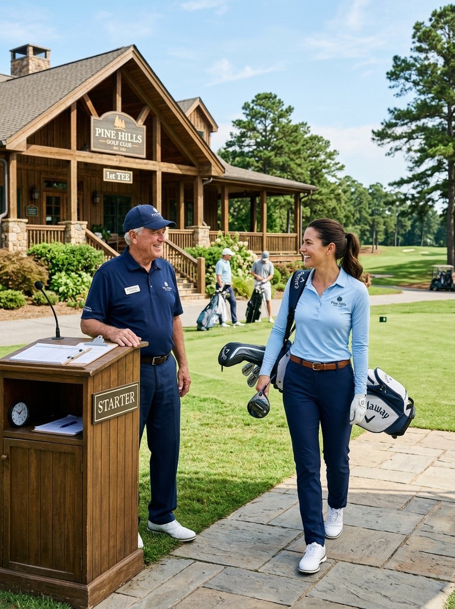 A male golf starter speaks to a female golfer carrying her clubs near a wooden clubhouse building.