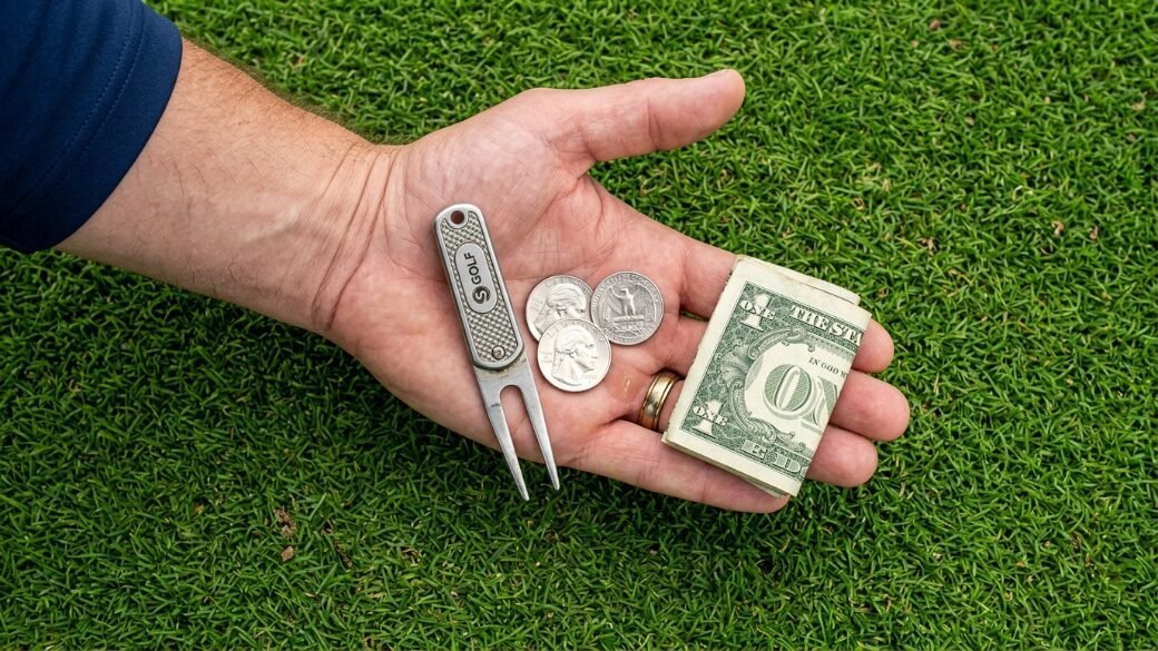 Close-up of a golfer's palm holding a metal divot repair tool, two US quarters, and a folded one-dollar bill.