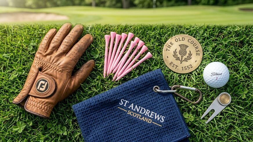 Brown leather golf glove, pink tees, Titleist ball, and a navy towel on a grass course.