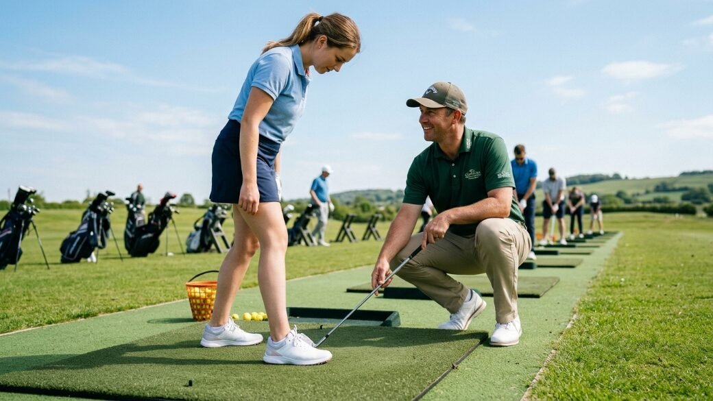 A professional male golf coach kneeling to adjust a female student's iron on a practice driving range.