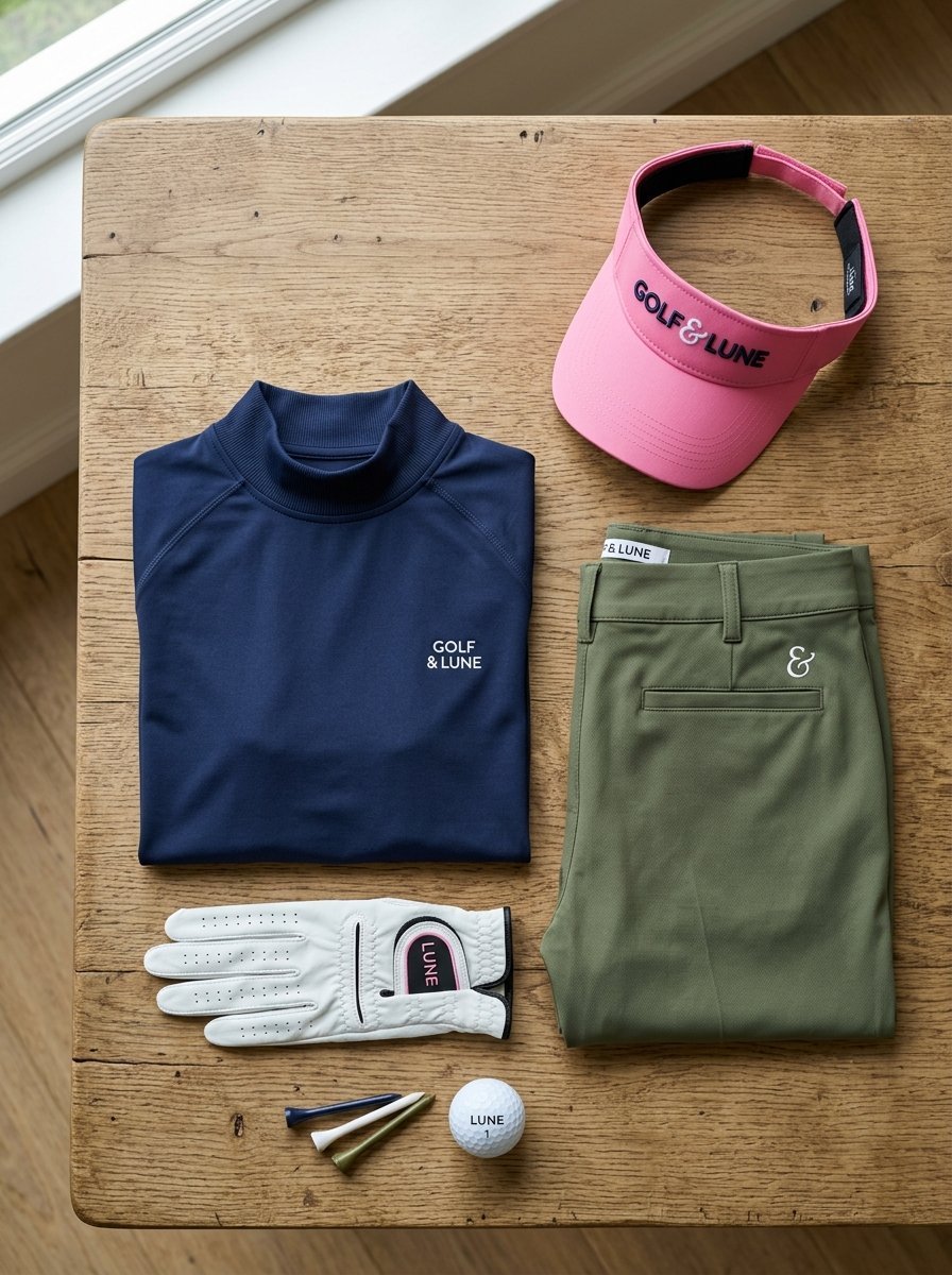 Navy mock neck top, olive green trousers, pink visor, golf glove, ball, and tees on wooden surface.