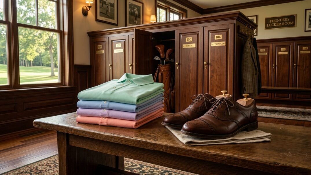 A neat stack of colorful polo shirts and polished brogues sitting inside a classic wooden golf club locker room.