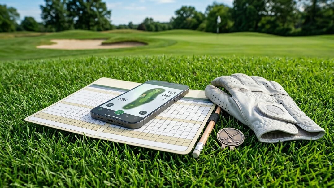 A smartphone showing digital hole data resting on a physical golf scorecard next to a white glove and pencil.