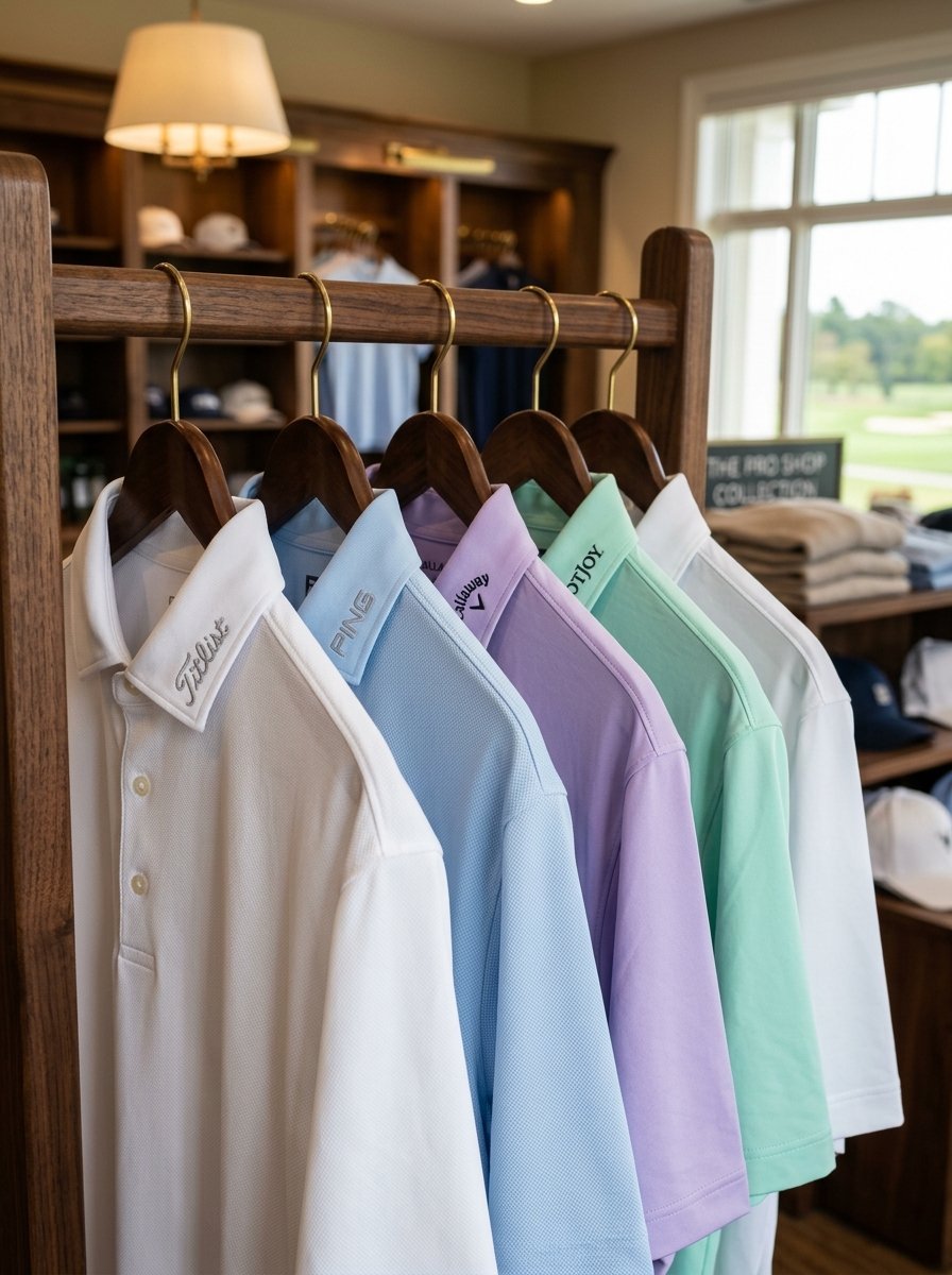 A rack of pastel and white golf shirts featuring various brand names embroidered on the collars.