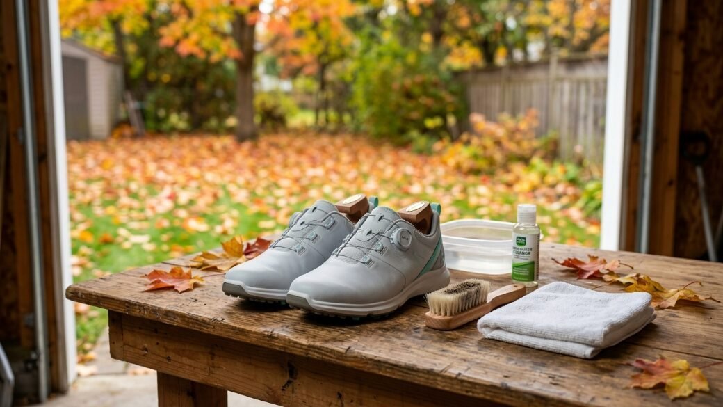 Golf shoes with cedar shoe trees, a brush, a white towel, and cleaning solution on a table with fall leaves.