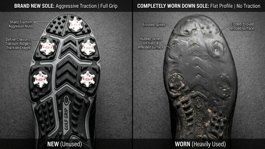 Side-by-side view showing a new golf shoe tread with sharp spikes next to a worn, smooth, and damaged tread.