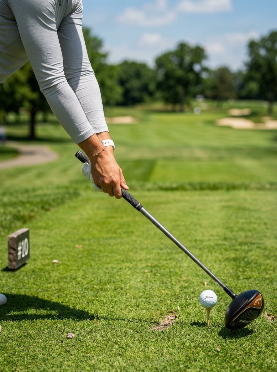 Close-up of a person holding a golf driver behind a ball on a tee with a course fairway in the background.
