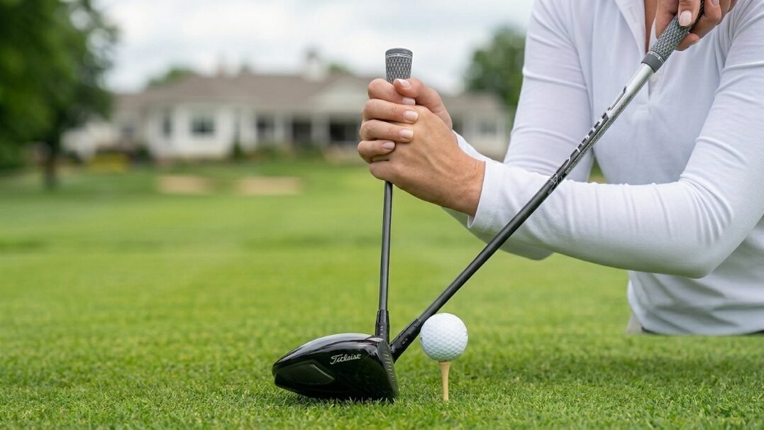 Close up of hands holding a golf club behind a ball on a tee with a course background.