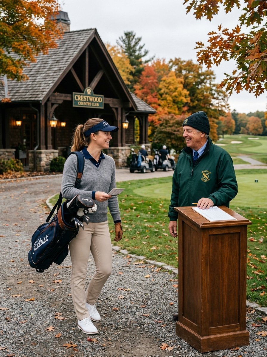 Young woman golfer carrying bag chatting with an older man at a wooden podium outside a clubhouse.