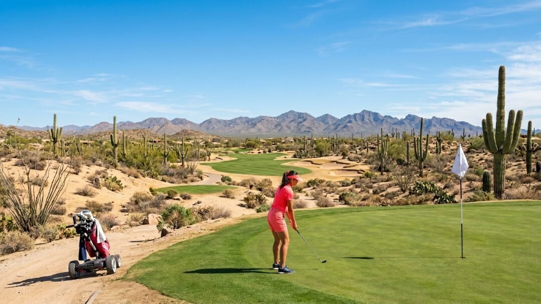 A woman in pink clothing lines up a shot on a green surrounded by desert landscape and mountain views.