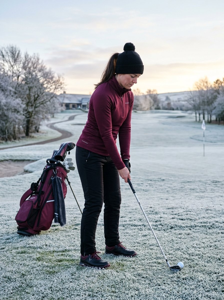 Woman in a maroon sweater and beanie preparing to hit a golf ball on a frosty, white-covered course.