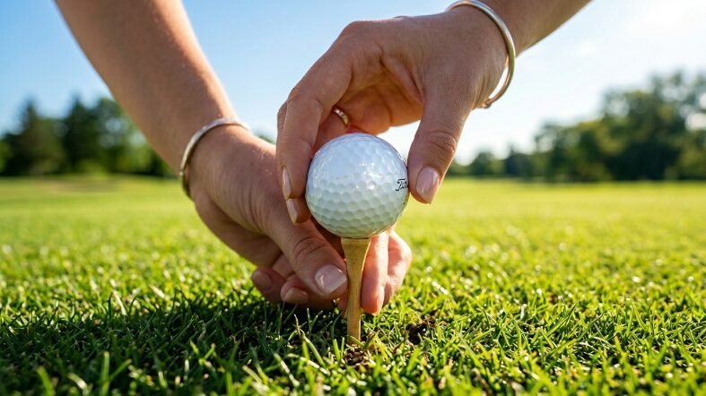 Hands adjusting a dimpled golf ball onto a wooden tee in the green grass of a golf course.