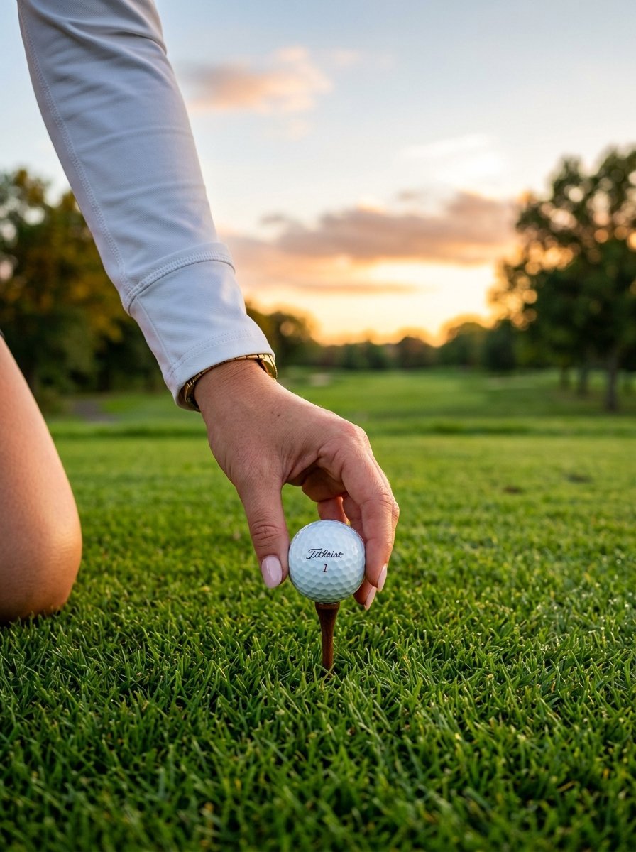 Close up of a hand placing a Titleist golf ball on a wooden tee on a green grass course at sunset.