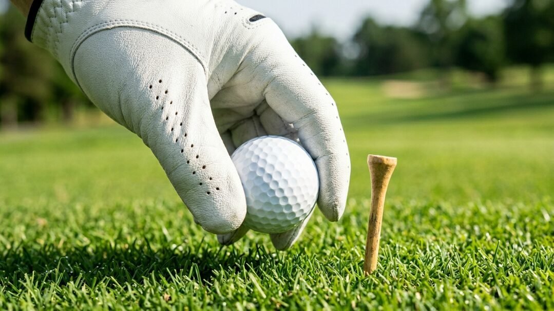 Close-up of a white leather golf glove holding a ball above a wooden tee on a lush green course.
