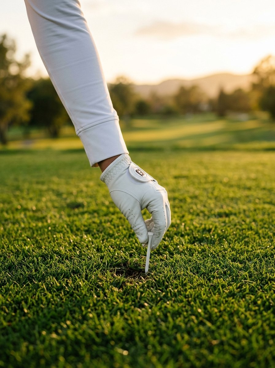 Close up of a hand in a golf glove pressing a white tee into the putting green at sunset.
